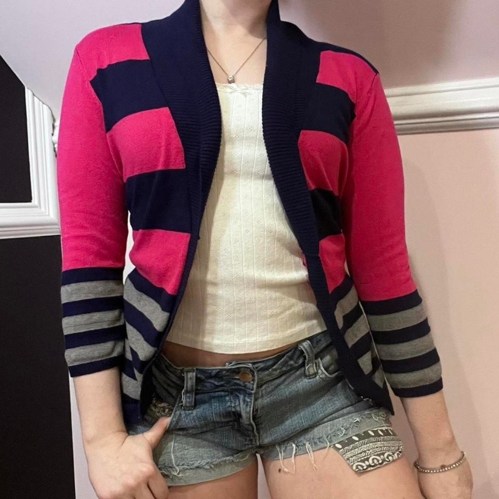 🧁y2k pink & navy blue‎ striped 3/4 sleeve tie cardigan small